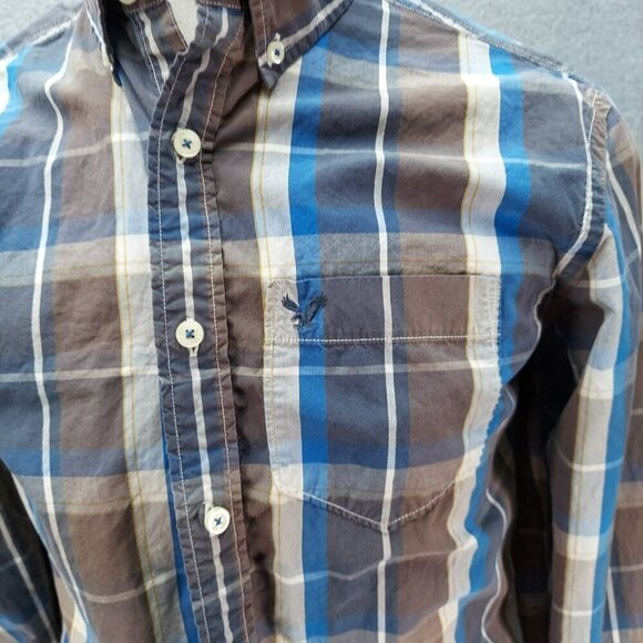 American Eagle Mens Outfitters Shirts Sz M Long Sleeve Prep Fit Blue Brown Plaid - Picture 3 of 6